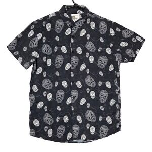 Mr Buho Button Down Sugar Skull Rayon Shirt Mens L Black GOOD Gothic Skeleton